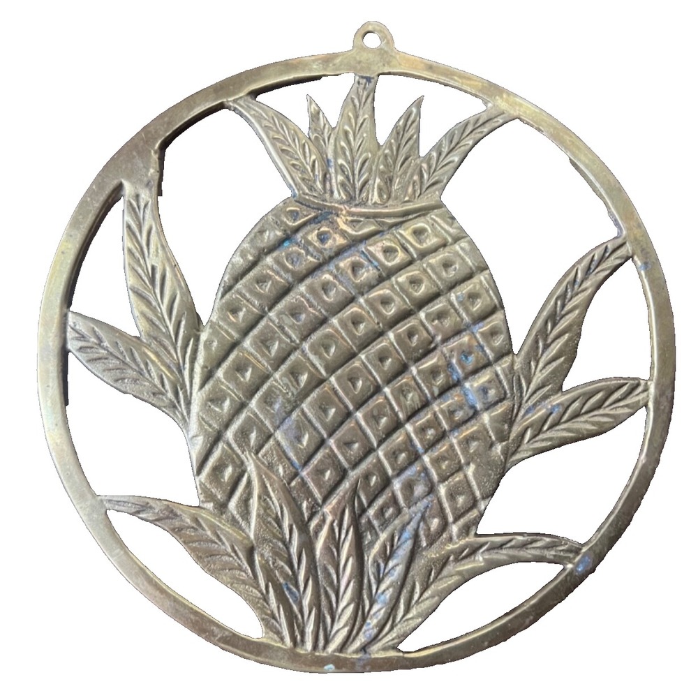 Vintage Solid Brass Pineapple Trivet Pot Holder Wall Hanging Decor Footed 7" D